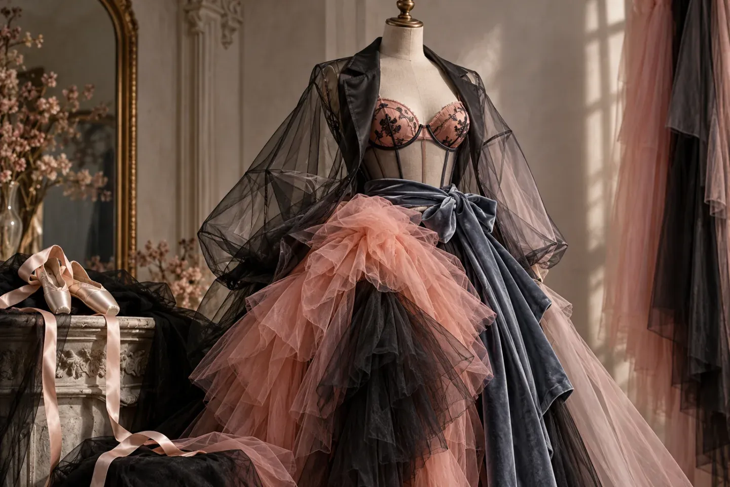 Illustrative editorial still life of black and coral tulle, blue-grey velvet and ballet ribbons arranged on a dress form.