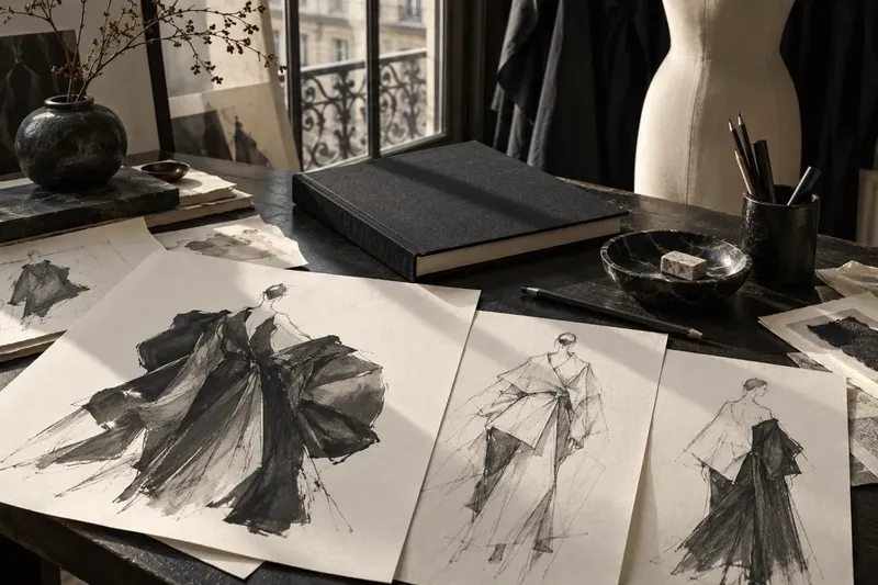 Illustrative still life of monochrome fashion sketches, a blank black book and archival papers on an atelier desk.