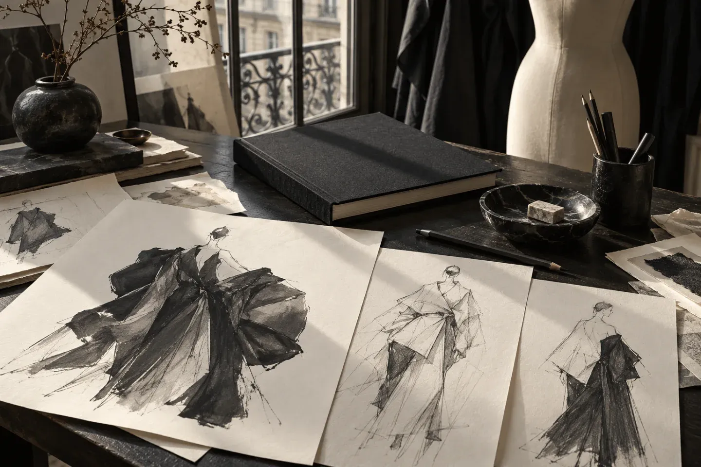 Illustrative still life of monochrome fashion sketches, a blank black book and archival papers on an atelier desk.